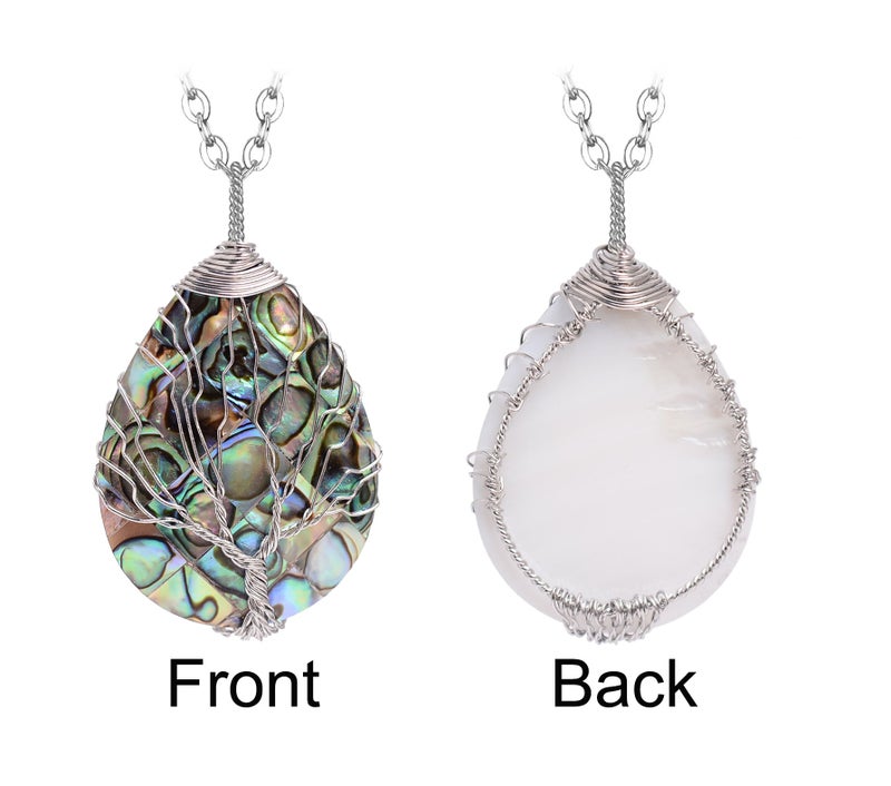 sedmart Wire Wrapped Abalone Teardrop Necklace - Handmade Silver Abalone Shell Water Drop Tree of Life Pendent Jewelry for Women - Image 3